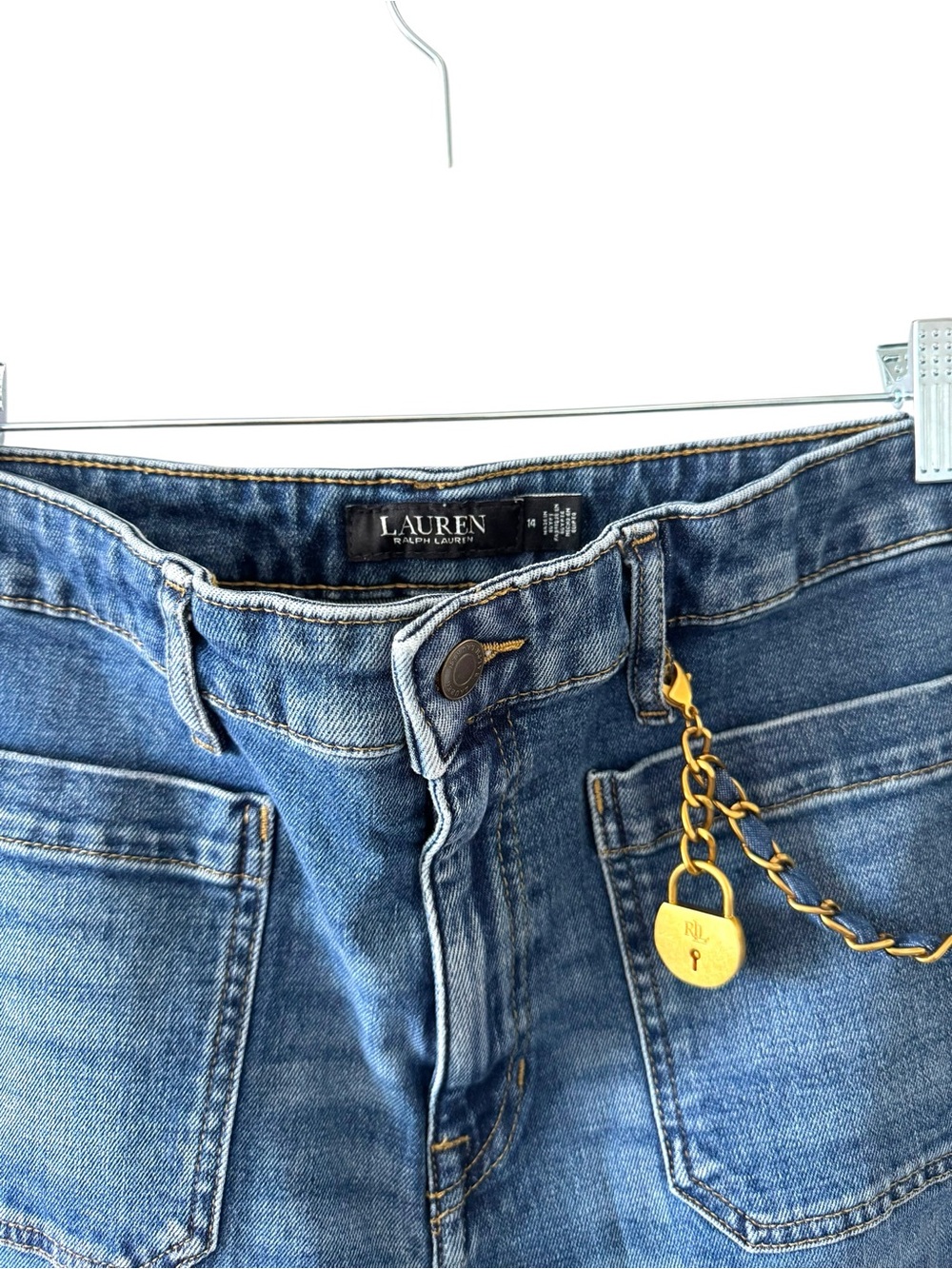 Lauren Ralph Lauren gold chain-trim high-rise flare jeans in a blue wash - Picture 7 of 7
